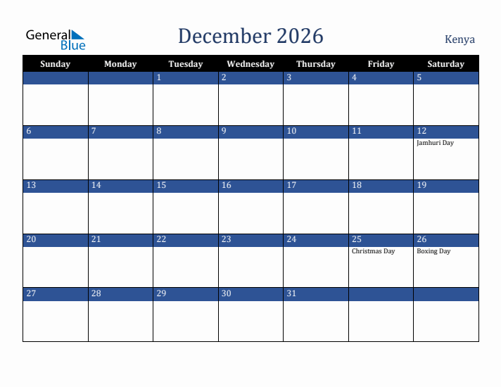 December 2026 Kenya Calendar (Sunday Start)