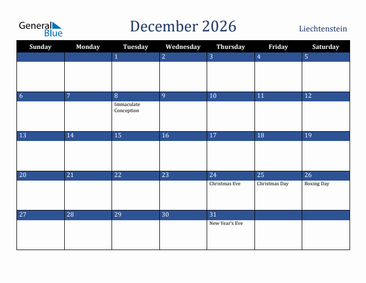 December 2026 Liechtenstein Calendar (Sunday Start)