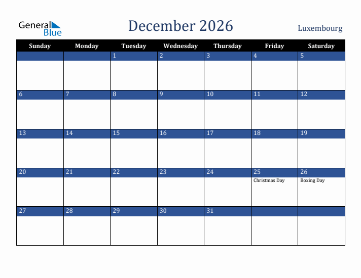 December 2026 Luxembourg Calendar (Sunday Start)