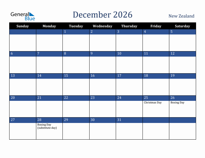 December 2026 New Zealand Calendar (Sunday Start)