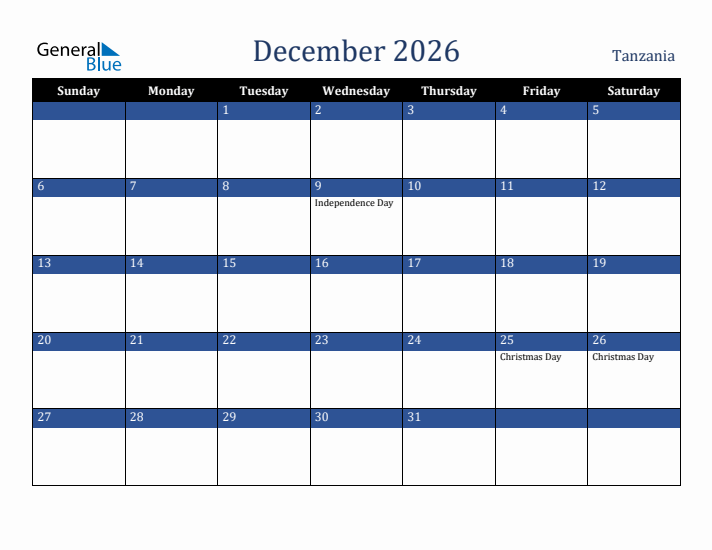 December 2026 Tanzania Calendar (Sunday Start)