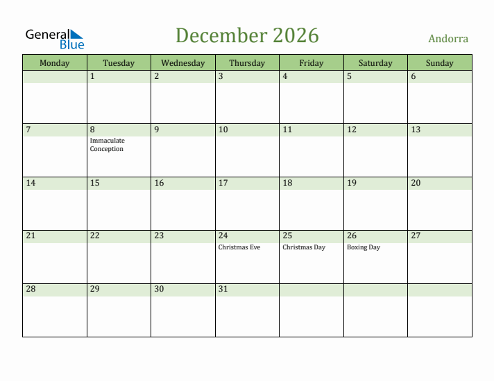 December 2026 Calendar with Andorra Holidays