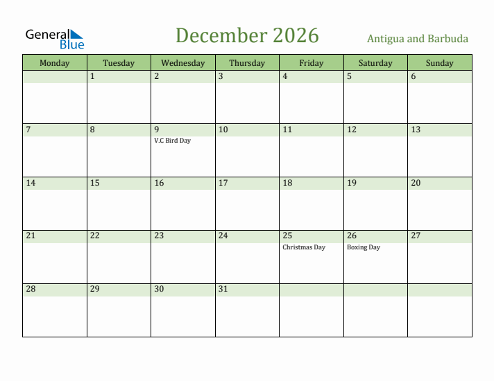 December 2026 Calendar with Antigua and Barbuda Holidays
