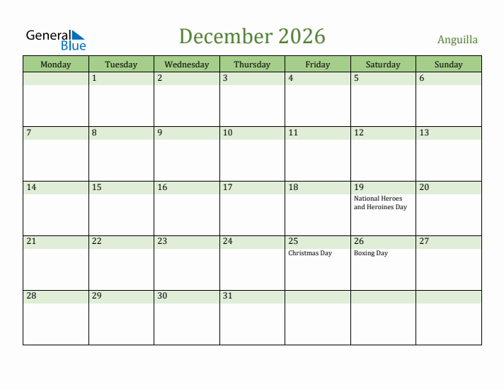 December 2026 Calendar with Anguilla Holidays