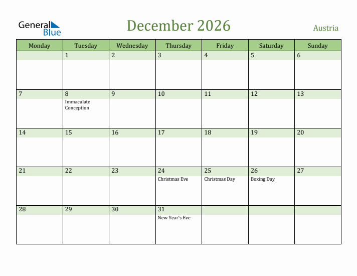 December 2026 Calendar with Austria Holidays