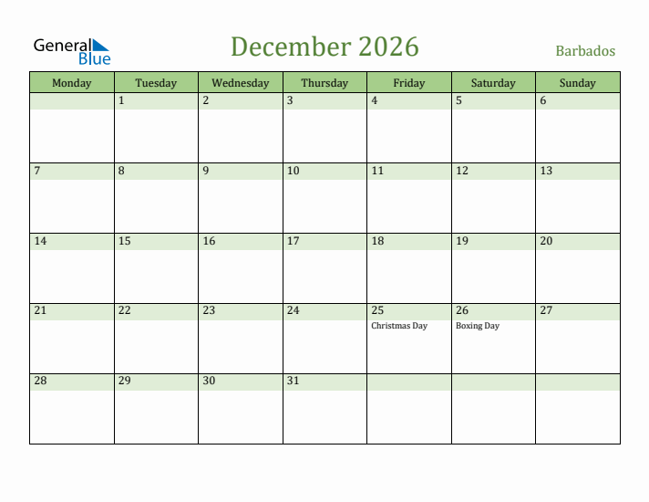 December 2026 Calendar with Barbados Holidays