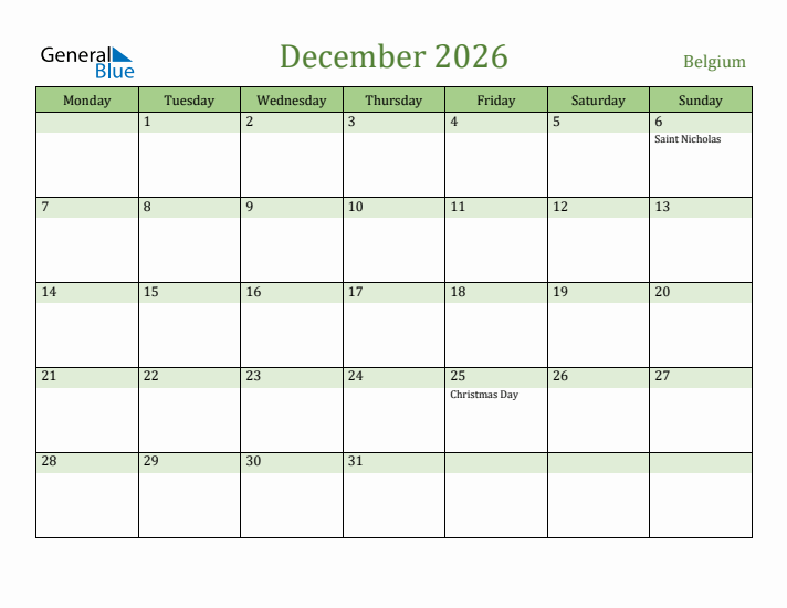 December 2026 Calendar with Belgium Holidays