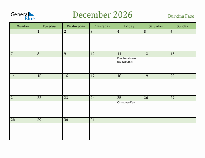 December 2026 Calendar with Burkina Faso Holidays
