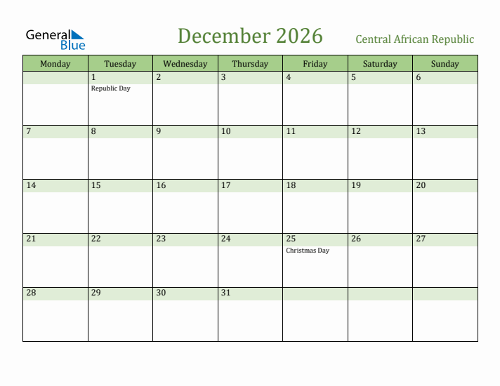 December 2026 Calendar with Central African Republic Holidays