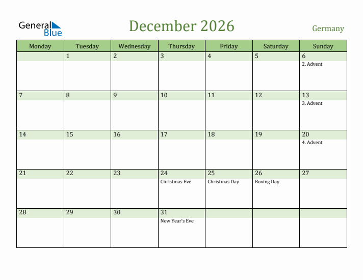 December 2026 Calendar with Germany Holidays