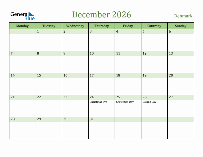 December 2026 Calendar with Denmark Holidays
