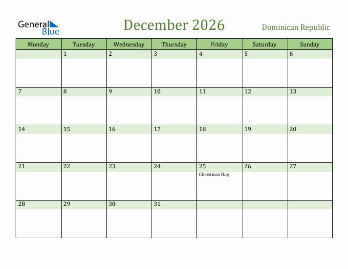 December 2026 Calendar with Dominican Republic Holidays