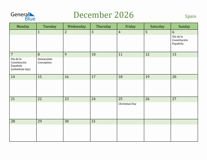 December 2026 Calendar with Spain Holidays