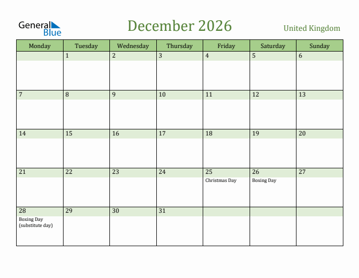 December 2026 Calendar with United Kingdom Holidays