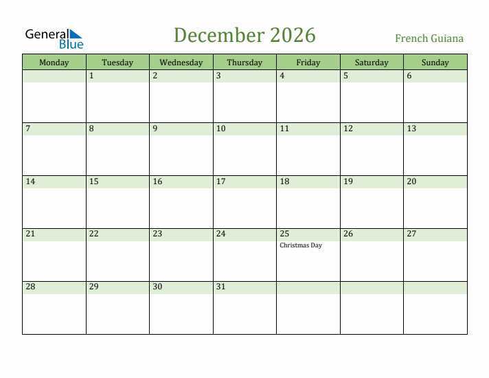December 2026 Calendar with French Guiana Holidays