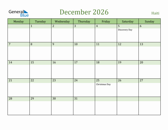 December 2026 Calendar with Haiti Holidays