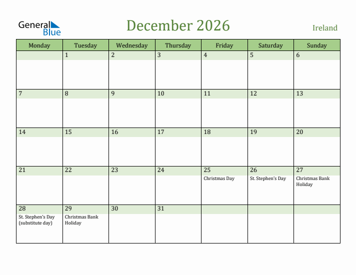 December 2026 Calendar with Ireland Holidays