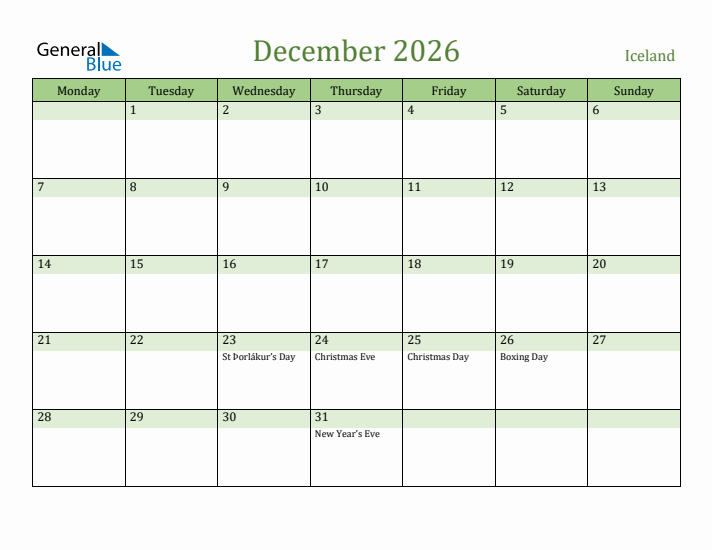 December 2026 Calendar with Iceland Holidays