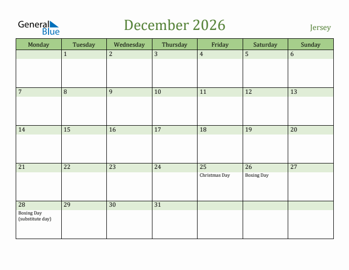 December 2026 Jersey Monthly Calendar With Holidays