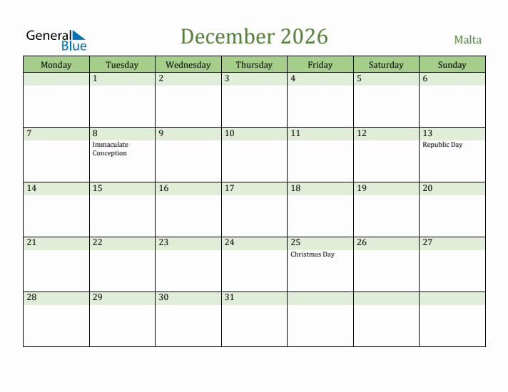 December 2026 Calendar with Malta Holidays