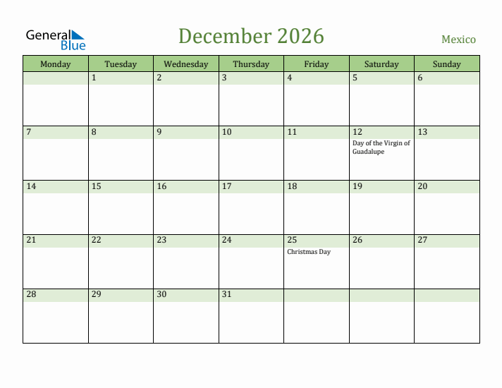December 2026 Calendar with Mexico Holidays