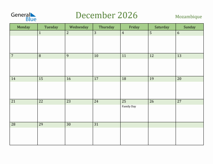 December 2026 Calendar with Mozambique Holidays