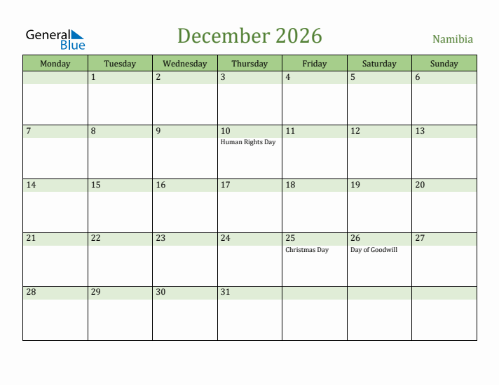 December 2026 Calendar with Namibia Holidays