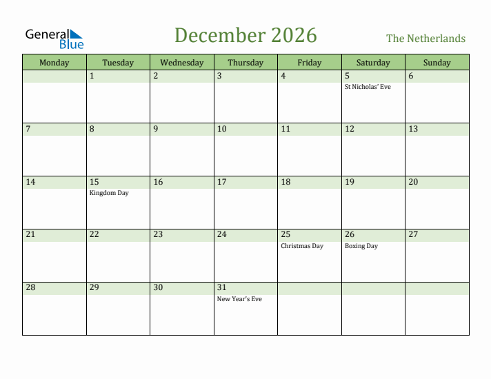 December 2026 Calendar with The Netherlands Holidays