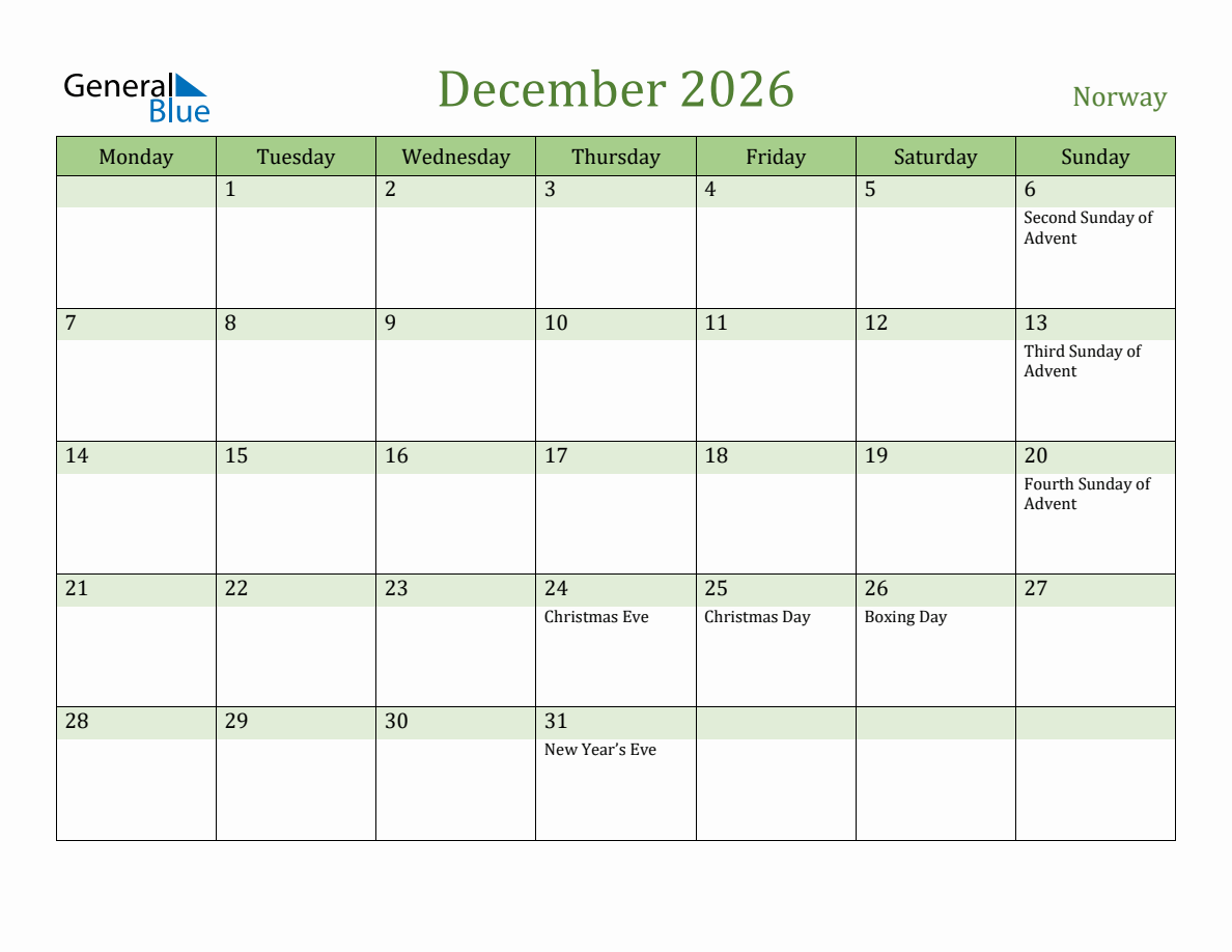 Fillable Holiday Calendar for Norway December 2026