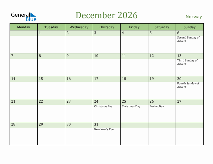 December 2026 Calendar with Norway Holidays