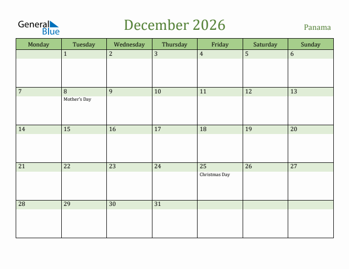 December 2026 Calendar with Panama Holidays