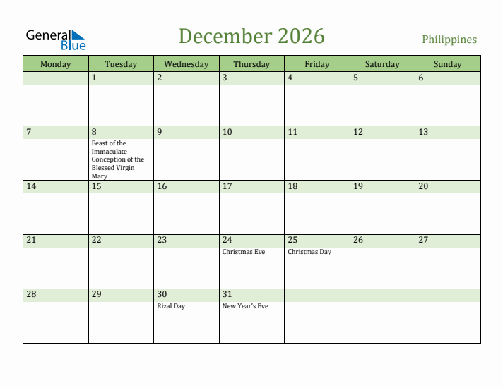 December 2026 Calendar with Philippines Holidays