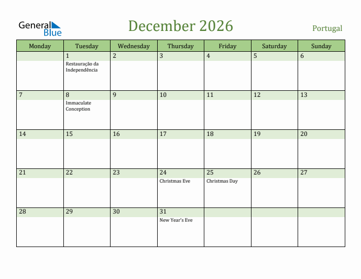December 2026 Calendar with Portugal Holidays
