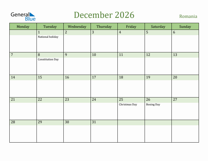 December 2026 Calendar with Romania Holidays