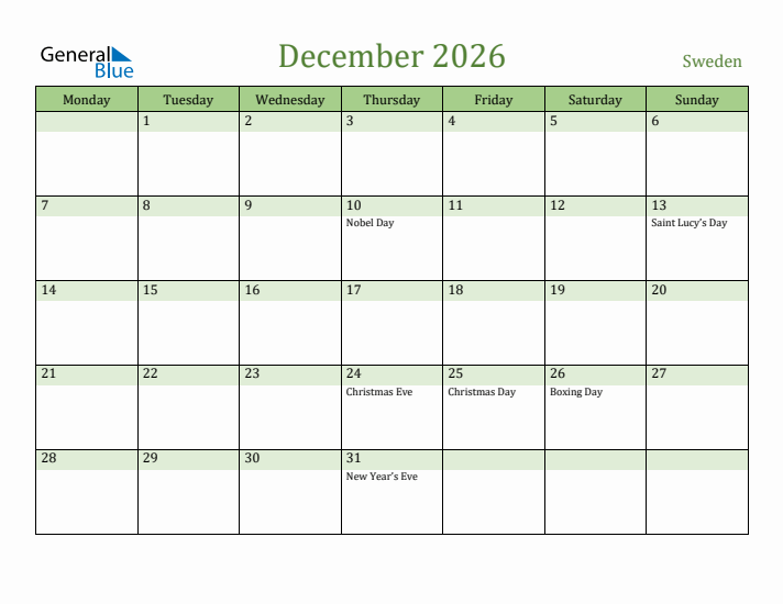 December 2026 Calendar with Sweden Holidays