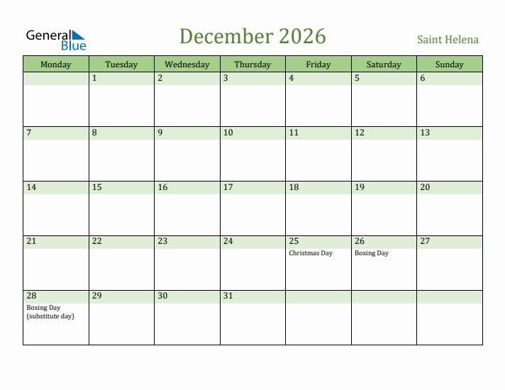 December 2026 Calendar with Saint Helena Holidays