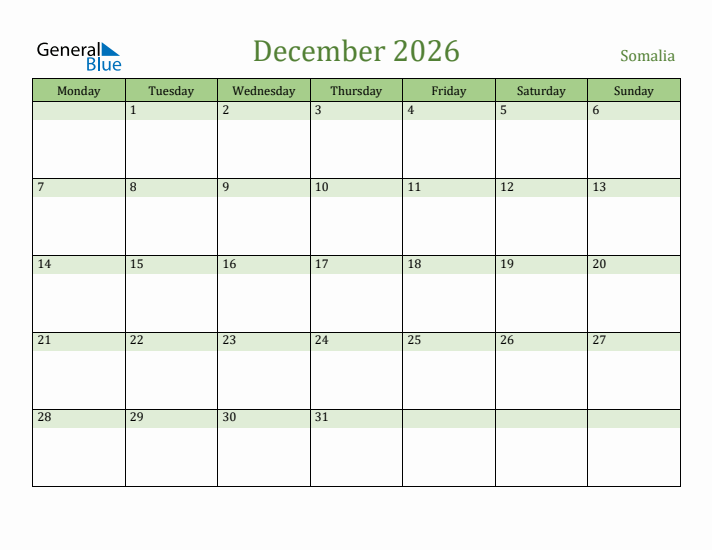 December 2026 Calendar with Somalia Holidays