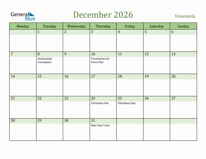 December 2026 Calendar with Venezuela Holidays