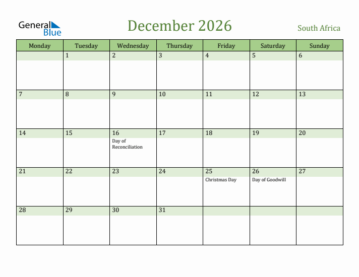 December 2026 Calendar with South Africa Holidays