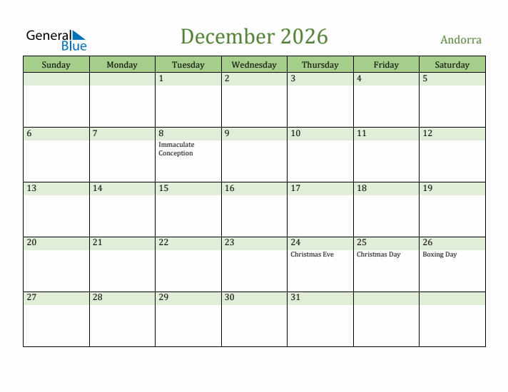 December 2026 Calendar with Andorra Holidays