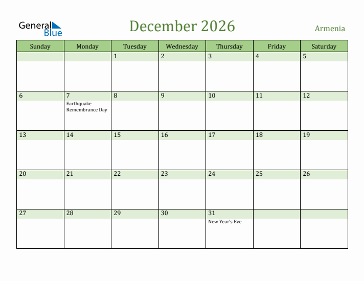 December 2026 Calendar with Armenia Holidays