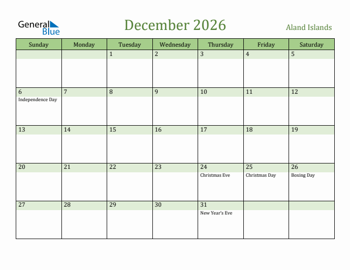 December 2026 Calendar with Aland Islands Holidays
