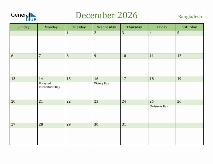December 2026 Calendar with Bangladesh Holidays
