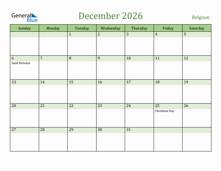 December 2026 Calendar with Belgium Holidays