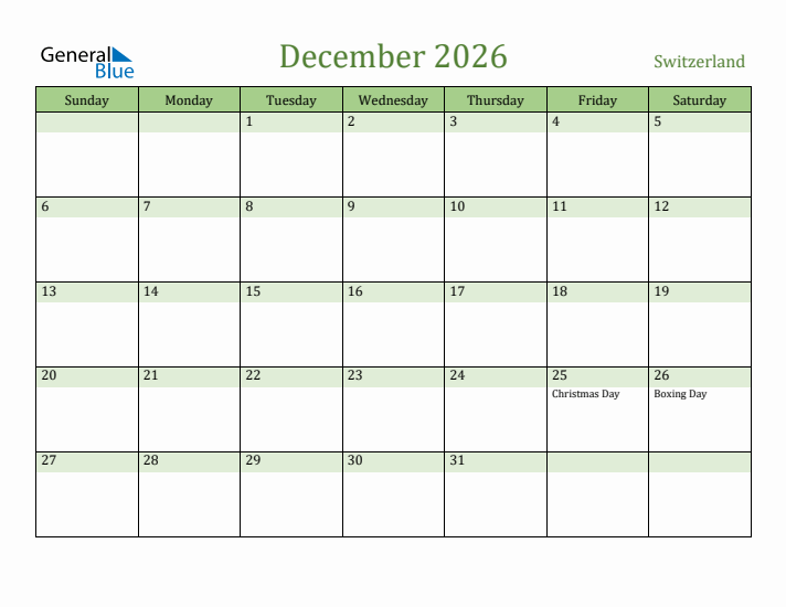 December 2026 Calendar with Switzerland Holidays