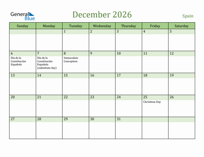December 2026 Calendar with Spain Holidays
