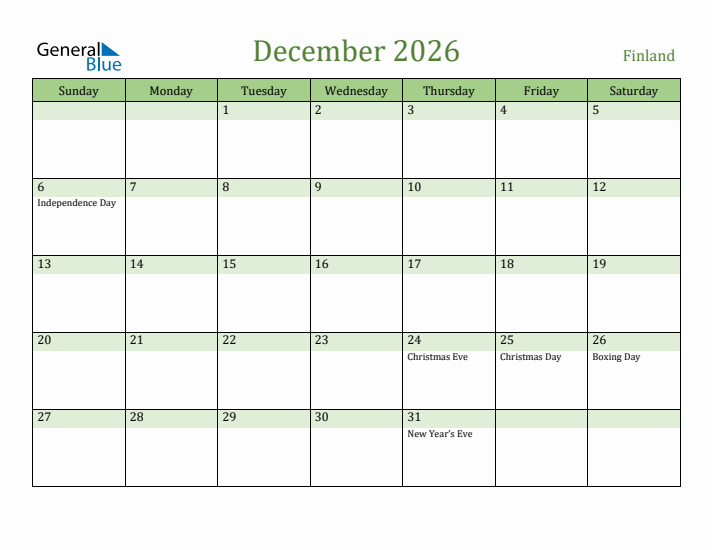 December 2026 Calendar with Finland Holidays