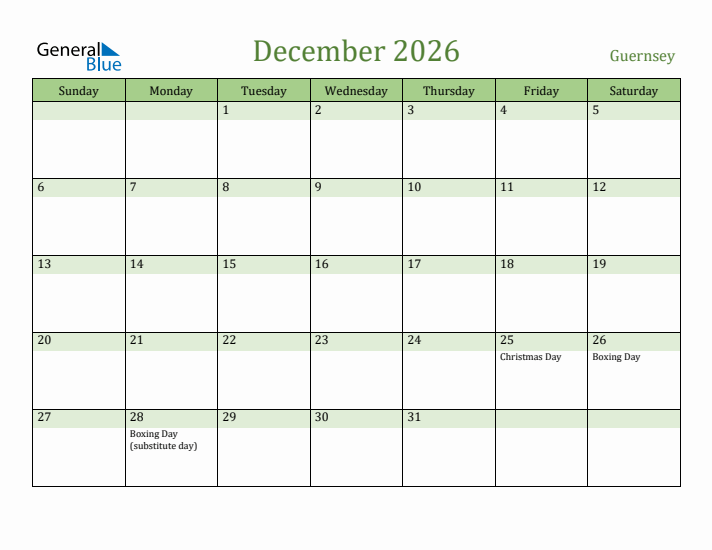 December 2026 Calendar with Guernsey Holidays