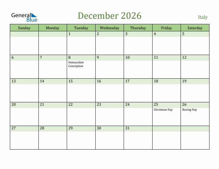 December 2026 Calendar with Italy Holidays