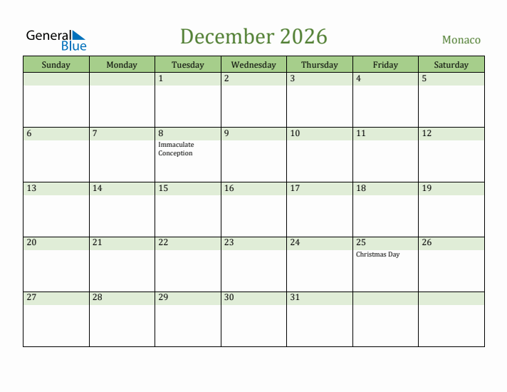 December 2026 Calendar with Monaco Holidays